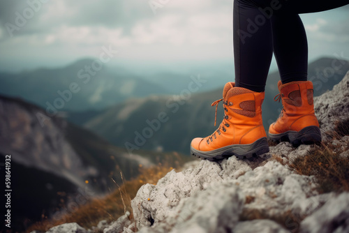 Girl with a hiking boots enjoying wonderful breathtaking mountain view. AI generated.