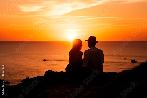 Silhouette of couple lovers watching sun at sunset on the beach. AI generated.