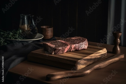 Presentation of wagyu steak on wooden plate. Generative AI