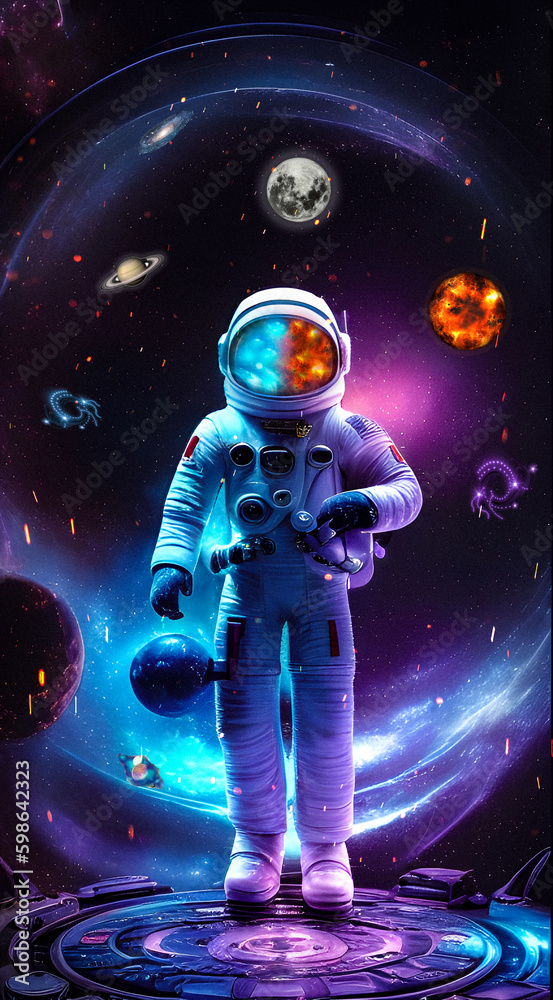 Naklejka premium Astronaut entering on the spaceship on Colorful Space Galaxy. Astronaut journey Space Travel Milky way zero gravity. space fantasy art. Astronomy Cosmos Discovery. concept art. Generative AI