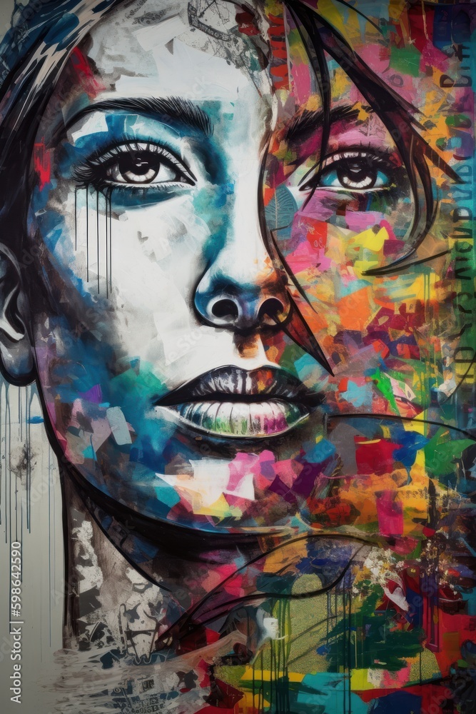 Colorful painting of a woman's face. Urban art graffiti painting of a woman with colorful face. Generative AI