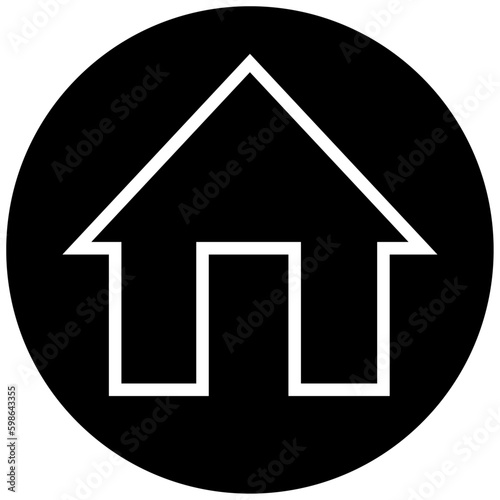 Home icon, flat style white color outline trendy house in black circle symbol, illustration for web, app, mobile, real estate, game, logo, UI, label, button, main page design with isolated background.