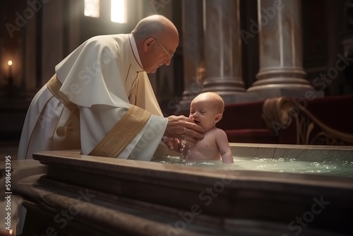 Photographie The priest baptizes the baby in the temple, dipping him into the font
