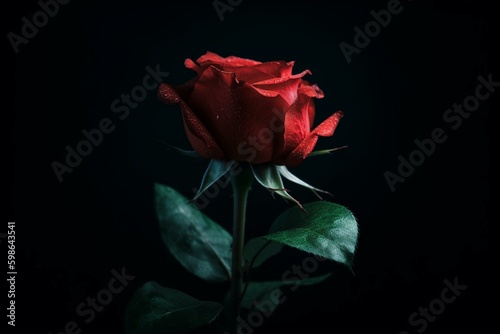 A red rose with green leaves on a dark background lit by green light from the stem. Generative AI