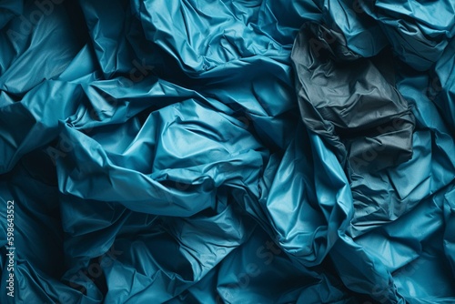 Blue crumpled paper texture for creative design background and flat lay template with copy space. Generative AI