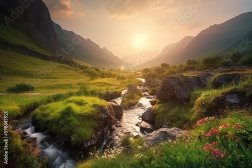Beautiful Nature Lovely Countryside Place view of Valley Meadow Landscape Wallpaper with Waterfall, Mountains, Greenery Green Moss, Flowers, Clouds, Sunset, and Water river, generative AI © Kien