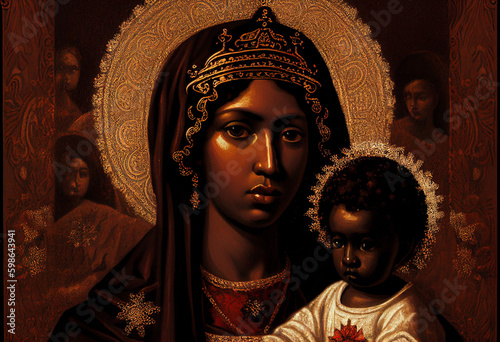 dark-skinned mother of god with dark-skinned little baby jesus, generative AI