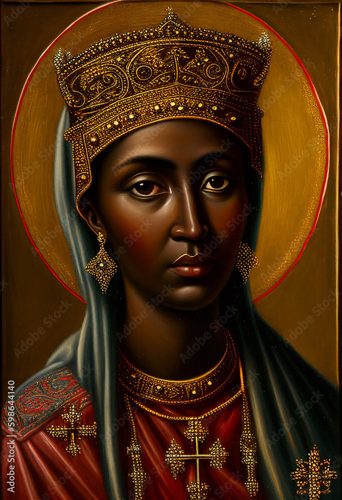 dark-skinned black-skinned brown-skinned mother of god in Byzantine painting style, generative AI