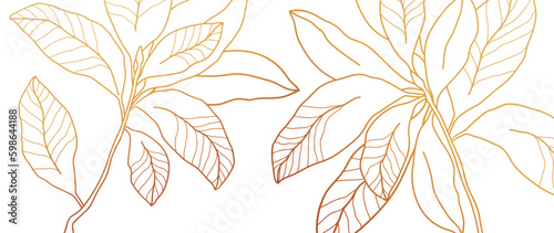 Luxury golden botanical background. Floral pattern, golden tropical leaves with line art design for wall art, greeting card, wallpaper and print.