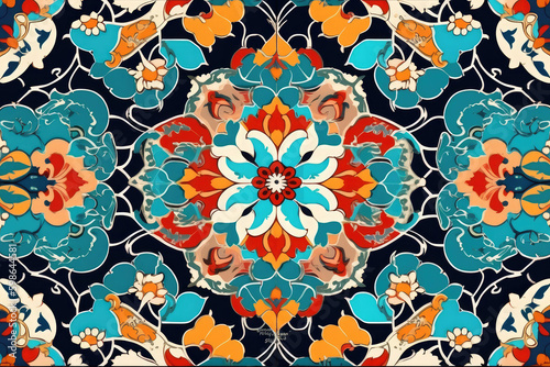 Elegant Bright and Vibrant Colorful Islamic Traditional Design Floral Ornament Seamless Pattern Arabic Mosaic Turkish Style Ceramic Tiles illustration Background. Fabric  Textile  generative AI