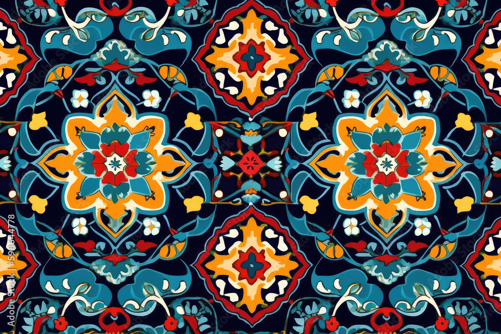 Elegant Bright and Vibrant Colorful Islamic Traditional Design Floral Ornament Seamless Pattern Arabic Mosaic Turkish Style Ceramic Tiles illustration Background. Fabric, Textile, generative AI