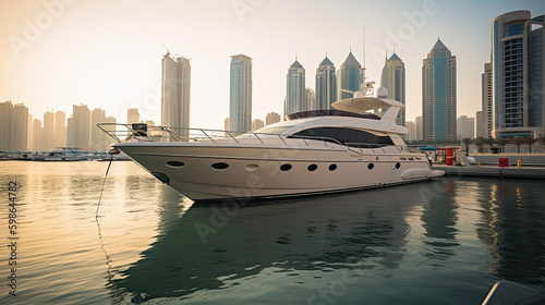 The yacht against the background of skyscrapers floats. Dubai