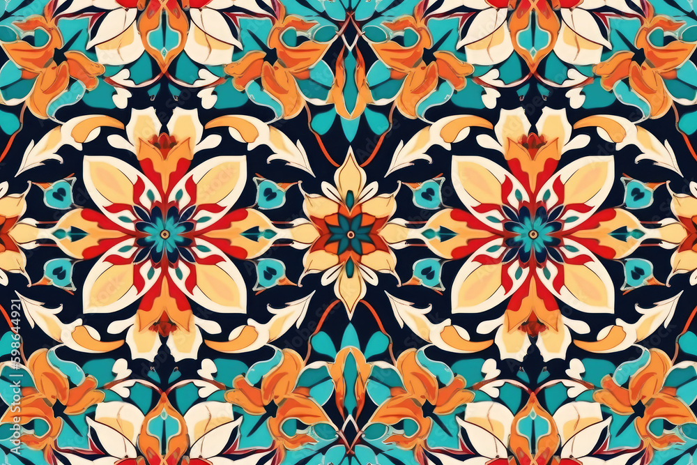 Elegant Bright and Vibrant Colorful Islamic Traditional Design Floral Ornament Seamless Pattern Arabic Mosaic Turkish Style Ceramic Tiles illustration Background. Fabric, Textile, generative AI