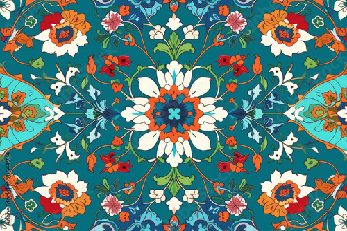 Elegant Bright and Vibrant Colorful Islamic Traditional Design Floral Ornament Seamless Pattern Arabic Mosaic Turkish Style Ceramic Tiles illustration Background. Fabric  Textile  generative AI