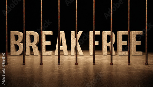 Break Free text word behind bars, political regime jail concept
