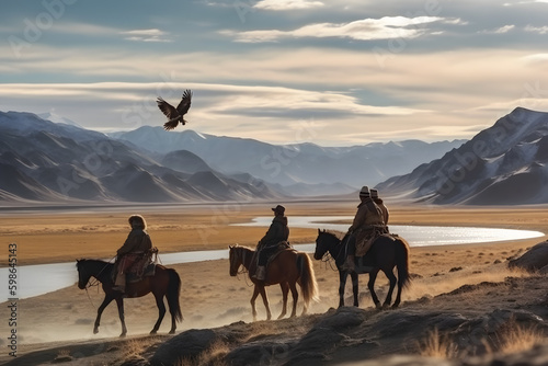 Ethnic Mongols in the steppe on horseback. Neural network AI generated art