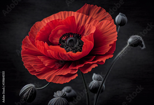 Red poppy symbol of victory on a dark background. AI Generated