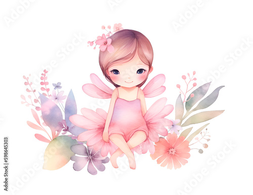 Beautiful little girl with wings in a pink dress. Cute Garden Fairy with flowers. Watercolor illustration. Perfect for children artworks, wallpapers, posters, greeting cards prints.