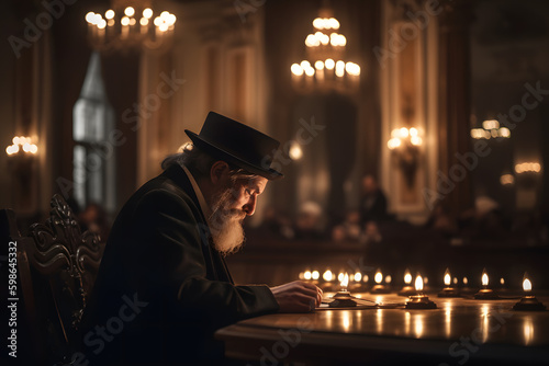 Orthodox Jew reads prayers in the temple. Neural network AI generated art photo