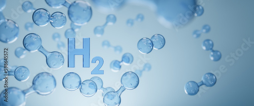 Sustaining of hydrogen gas(H2).New Green Energy Water Fuel Cell Future Hydrogen for sustainability environment,energy balance,sustainable energy.H2 molecule in the bubbles in the liquid.3D rendering © Yingyaipumi