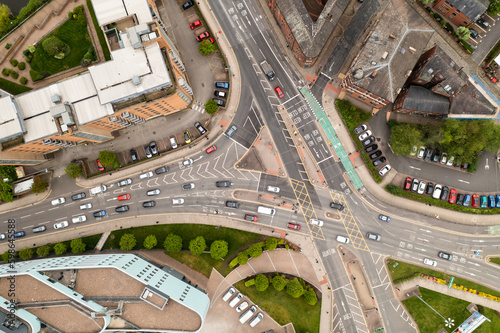 Aerial view directly above a complex road junction in a large city