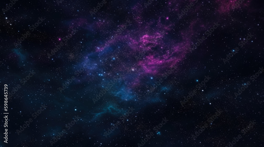 Realistic beautiful endless expanses of eternal space created with the help of artificial intelligence. Pleasant blue shades with purple and pink tints decorated with bright stars.