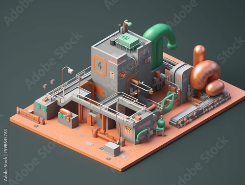 Isometric view of the exterior of a factory building with exposed mechanical and piping systems. 3D cartoon style. Isolated on pastel color background. 