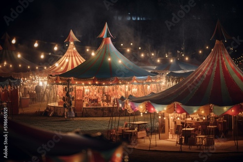 A magical circus-themed image with illuminated tents and colorful bokeh, perfect for posters or flyers. Generative AI