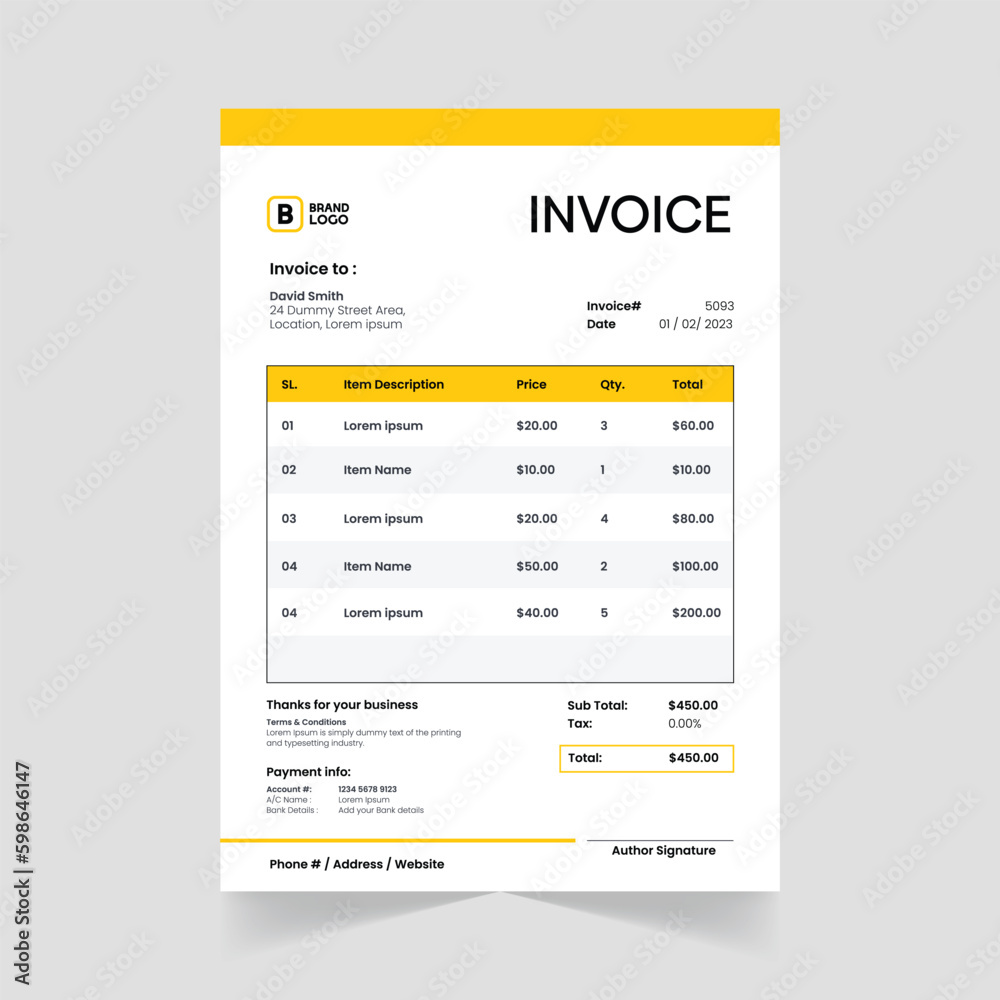 Print-Ready Creative Invoice Template for Corporate Businesses. Corporate invoice design with abstract elements for a unique touch