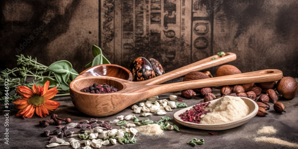 Wooden spoon and ingredients on an old background were organized together - generative ai Wooden spoon and ingredients on an old background were organized together - generative ai