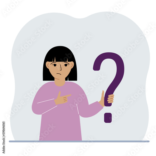 Little girl holding a question mark symbol. Ask questions and look for answers. FAQ or frequently asked questions concept, online support center.
