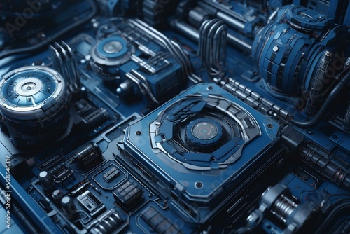 3D blue sci-fi hardware background. Generative AI