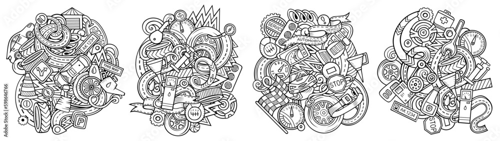 Auto service cartoon vector doodle designs set.