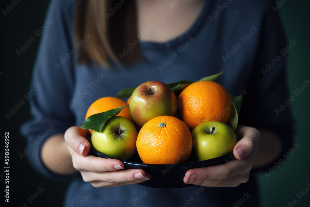 Girl holding fresh fruit. nspiring image showcasing the concept of a woman's weight loss journey through nutrient-rich foods. Health concept AI Generative