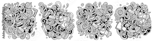 Cafe cartoon vector doodle designs set.
