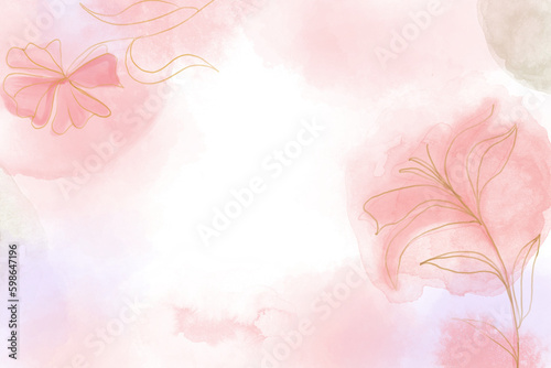Pink watercolor background with flowers and butterflies © Kham