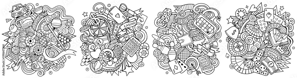 Casino cartoon vector doodle designs set.