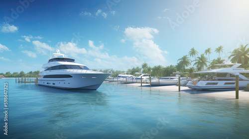Luxury private motor yacht on tropical island on background. © PaulShlykov