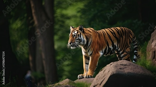 A Rare Sight: A Big Tiger Walks Boldly Through Nature, Defying the Wilds of the Wildcat World: Generative AI
