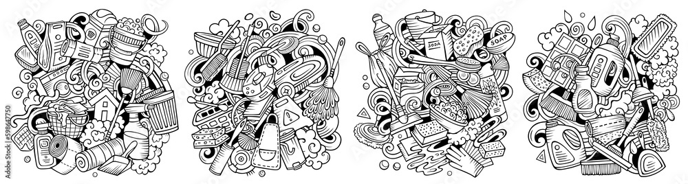 Cleaning cartoon vector doodle designs set.