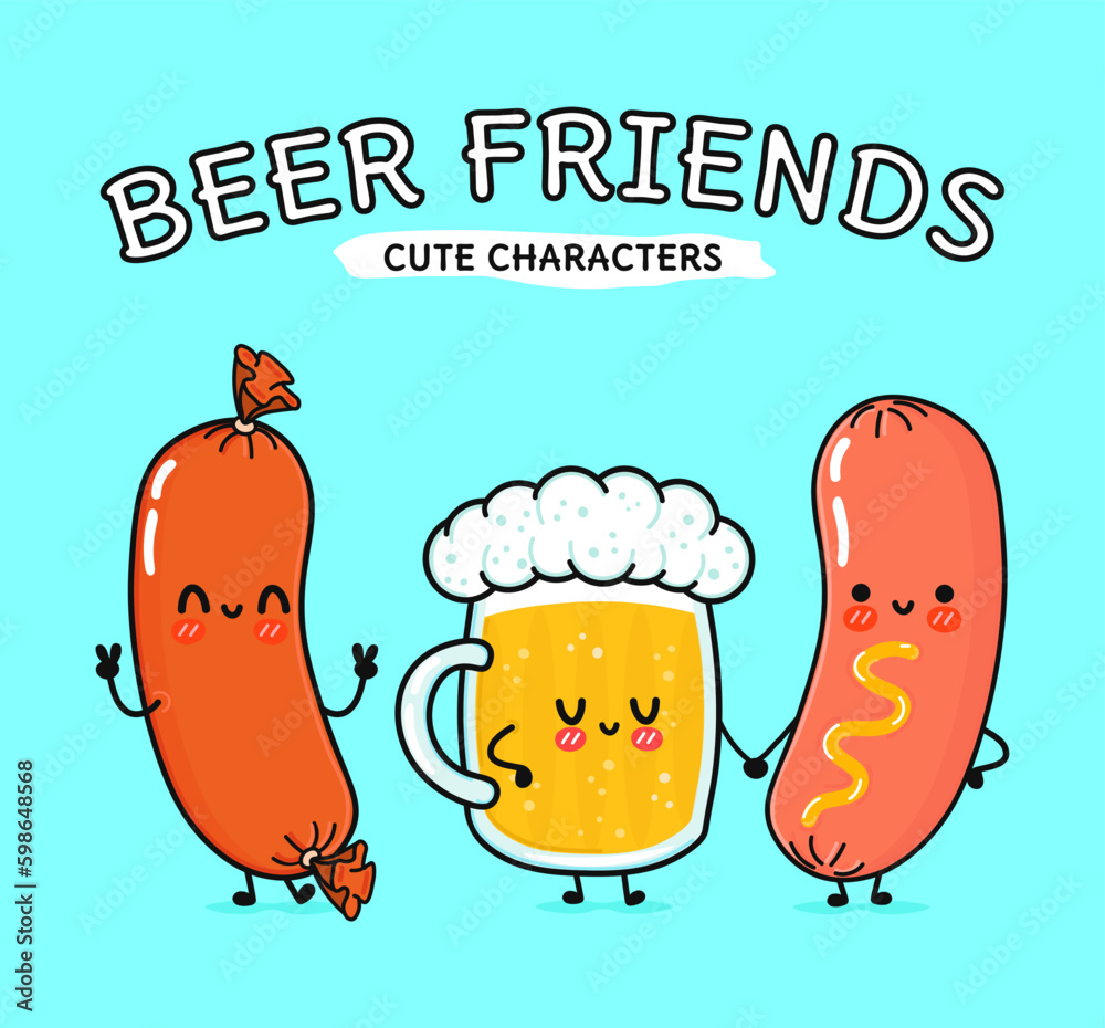 Cute, funny happy glass of beer, sausage and sausage with mustard. Vector hand drawn cartoon kawaii characters, illustration icon. Funny cartoon glass of beer, sausage and sausage with mustard mascot