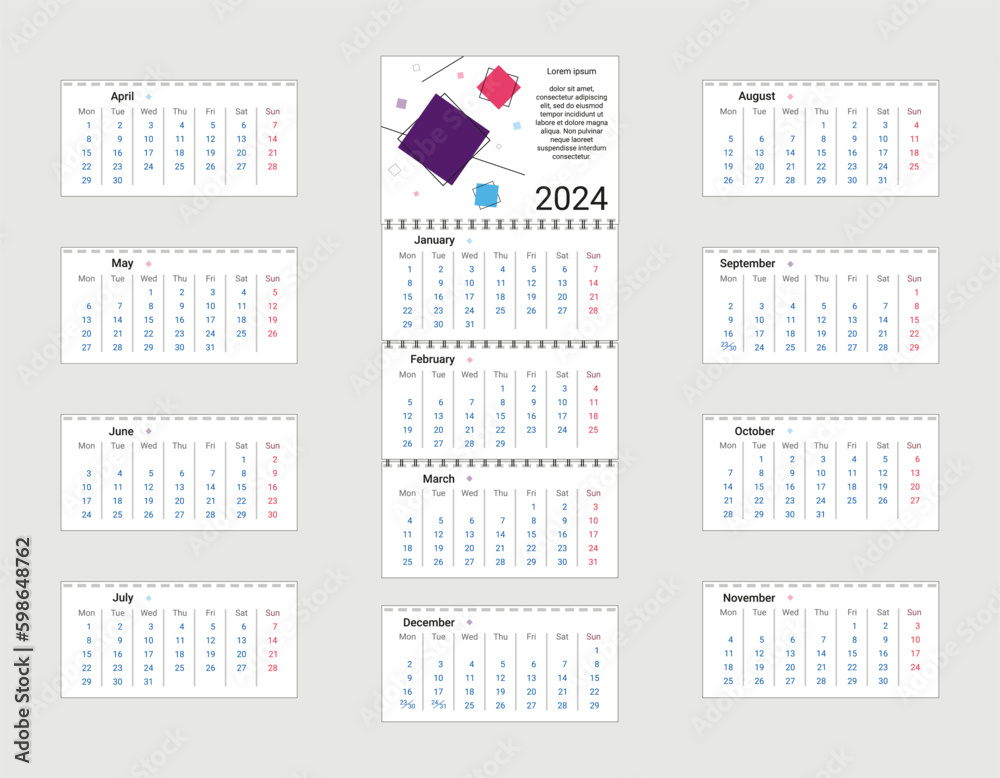 Vector illustration. Quarter. Calendar 2024. Week starts on Monday.  Corporate calendar template for organizations. Stock Vector | Adobe Stock