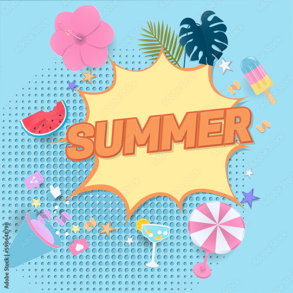 Summer banner with megaphone paper art style Summer banner with megaphone paper art style