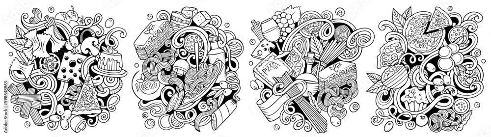 Italian food cartoon vector doodle designs set.