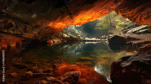 Breathtaking underground cave with lake. Generative AI