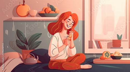 illustration of a sporty young woman eating an orange in her bedroom in her pajamas. healthy morning routine concept. Generative AI