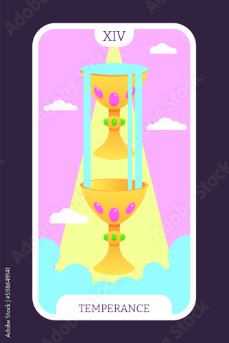 The temperance tarot cartoon flat card template major arcana. Taro vector illustration spiritual signs with esoteric magic and astrology symbols. Isolated colored graphic. Witchcraft concept EPS