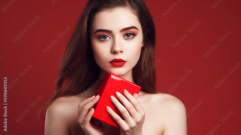 Young beautiful woman with heart-shaped gift , generative ai tools Young beautiful woman with heart-shaped gift , generative ai tools