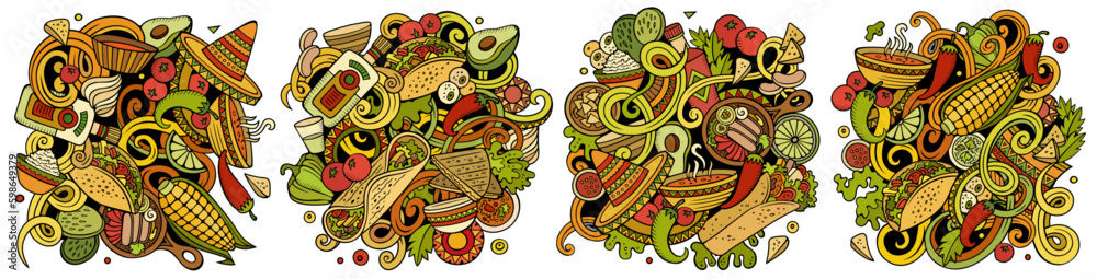Mexican food cartoon vector doodle designs set