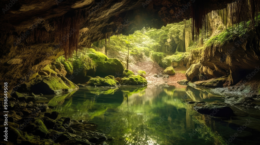 Fototapeta premium Breathtaking underground cave with lake. Generative AI